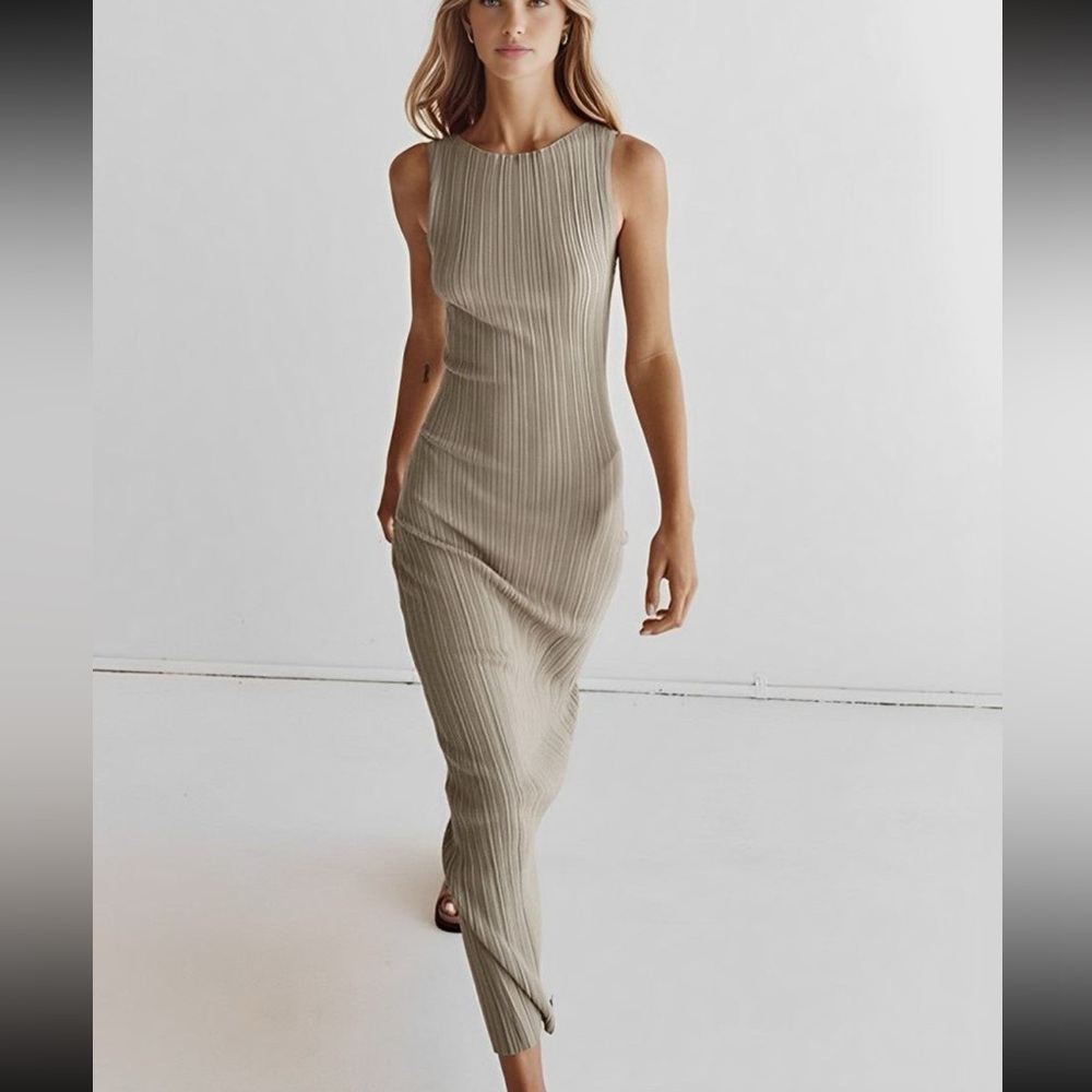 Commense Ribbed Knit Maxi Dress XL | Taupe Minimalist Tank Dress
